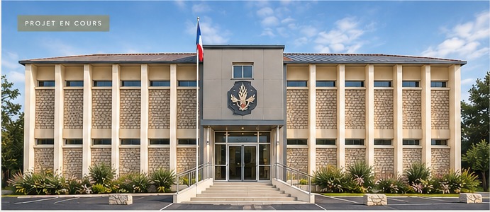 Perspective architecturale du premier bâtiment de la Résidence des képis, avec toiture rénovée